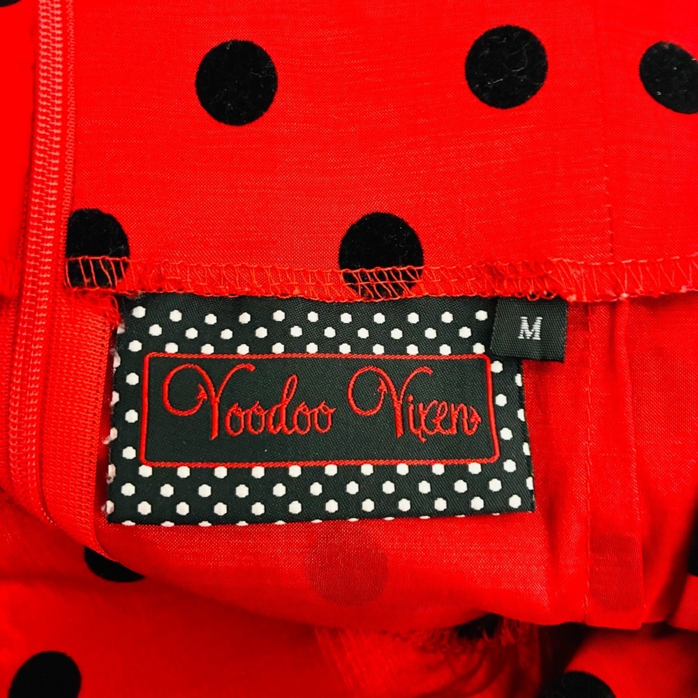 Voodoo Vixen red stretch satin black polka dot retro pin up wiggle midi dress. M - Picture 6 of 7